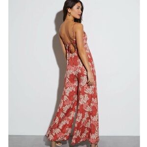 Jacqui E Floral Back-Tie Jumpsuit in Red and White
